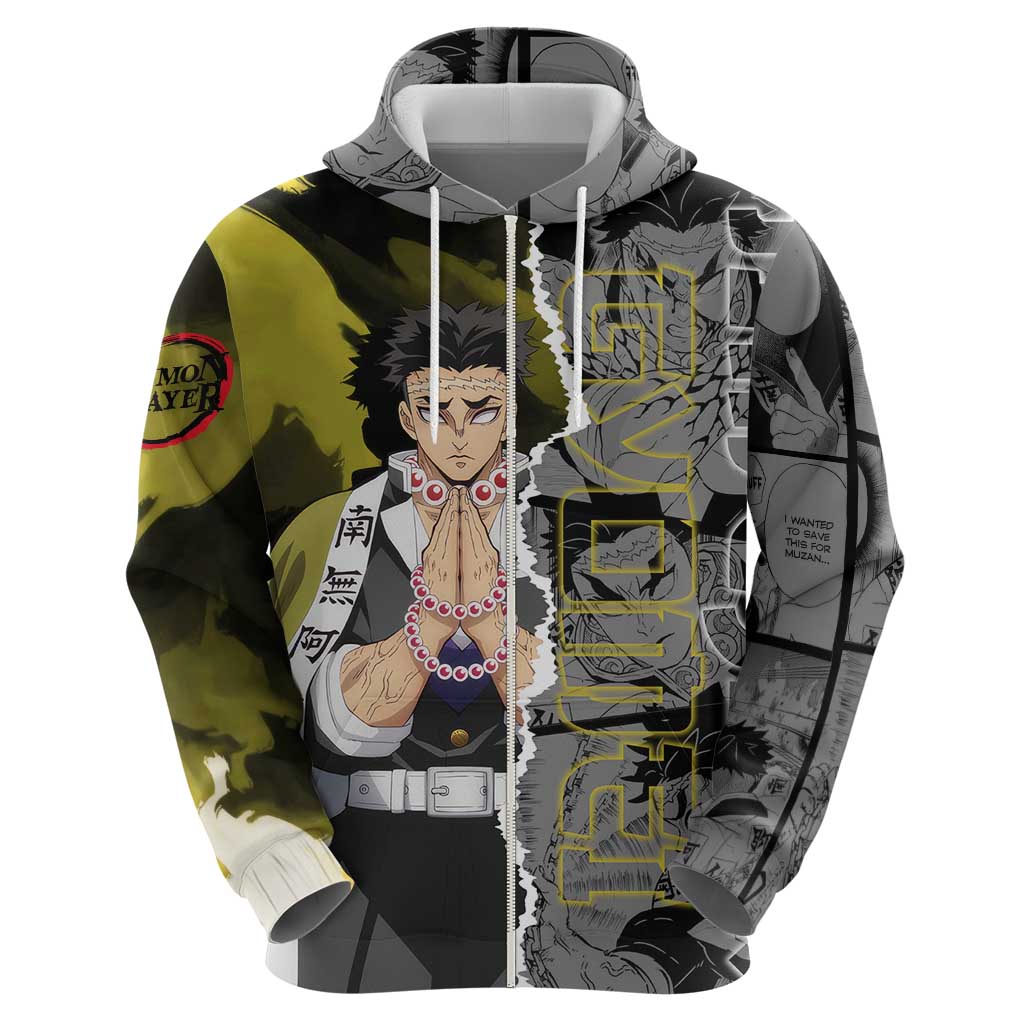 Gyomei Himejima Demon Slayer Zip Hoodie with Stone Hashira Axe Pose and Powerful Strength Design - The Mazicc