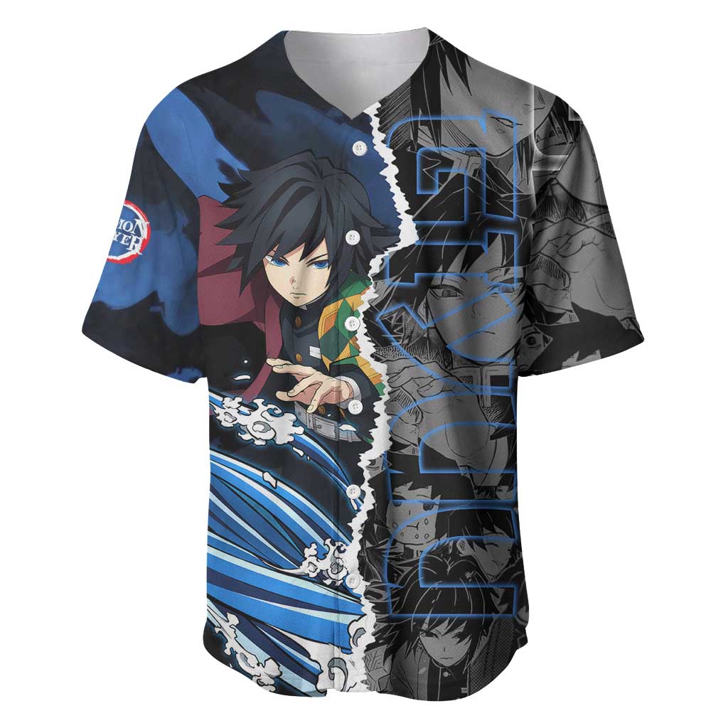 Giyu Tomioka Demon Slayer Baseball Jersey with Water Hashira Sword Pose and Flowing Water Design - The Mazicc
