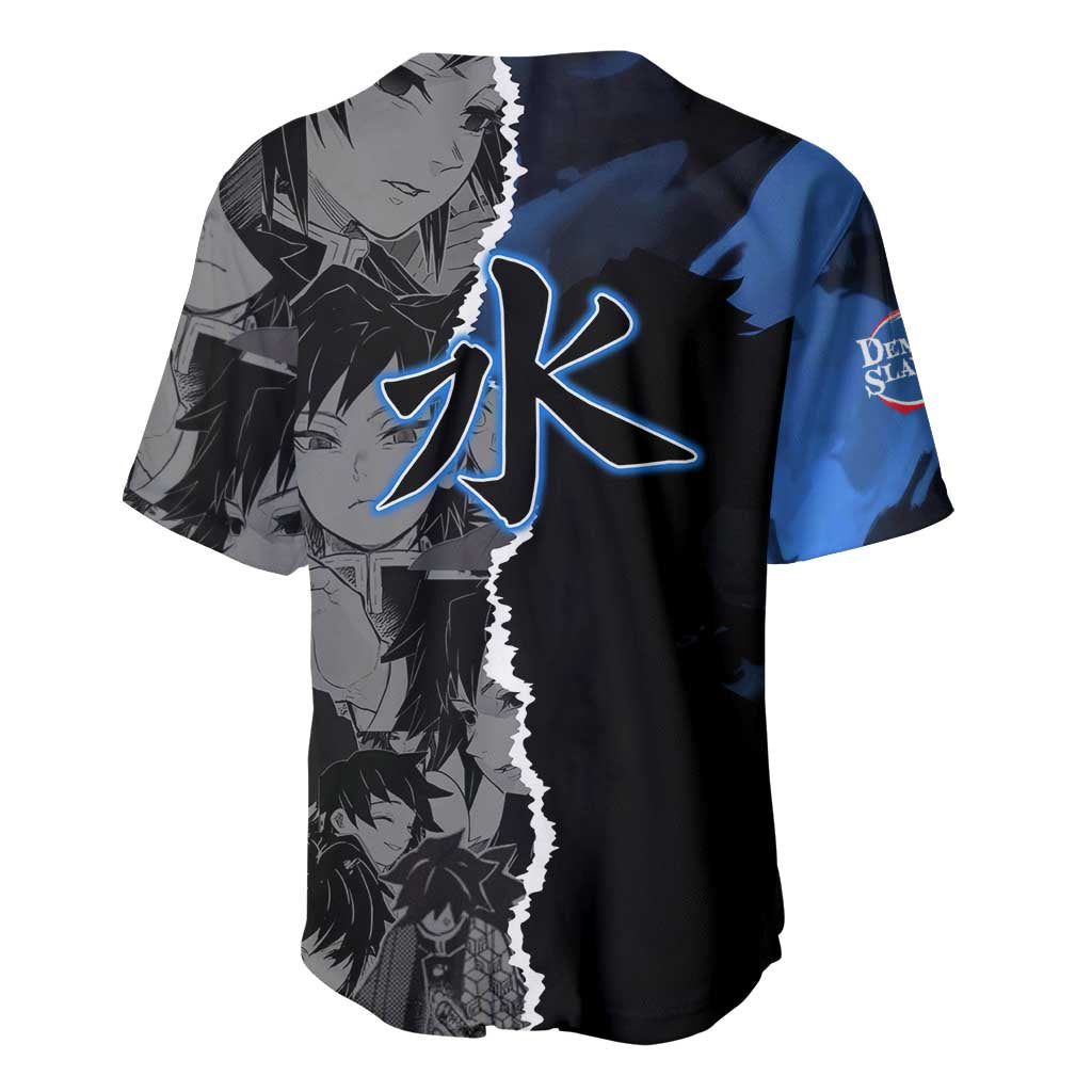 Giyu Tomioka Demon Slayer Baseball Jersey with Water Hashira Sword Pose and Flowing Water Design - The Mazicc