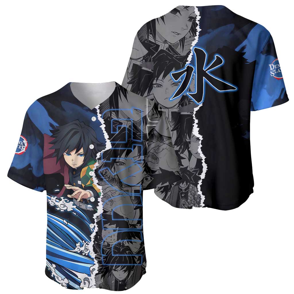 Giyu Tomioka Demon Slayer Baseball Jersey with Water Hashira Sword Pose and Flowing Water Design - The Mazicc