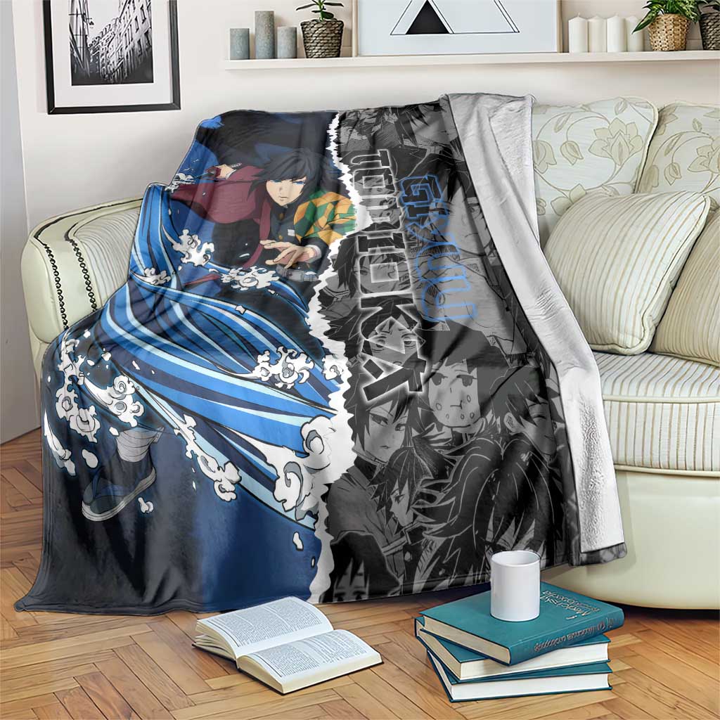 Giyu Tomioka Demon Slayer Blanket with Water Hashira Sword Pose and Flowing Water Design - The Mazicc