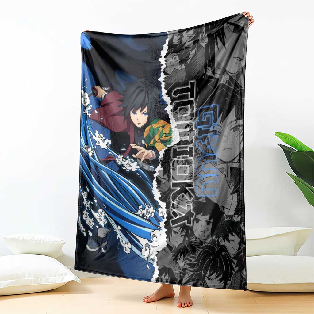 Giyu Tomioka Demon Slayer Blanket with Water Hashira Sword Pose and Flowing Water Design - The Mazicc