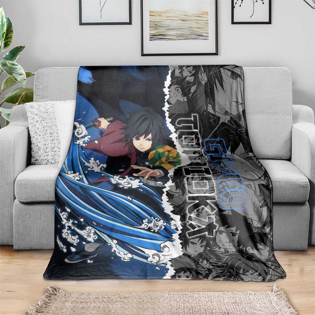 Giyu Tomioka Demon Slayer Blanket with Water Hashira Sword Pose and Flowing Water Design - The Mazicc