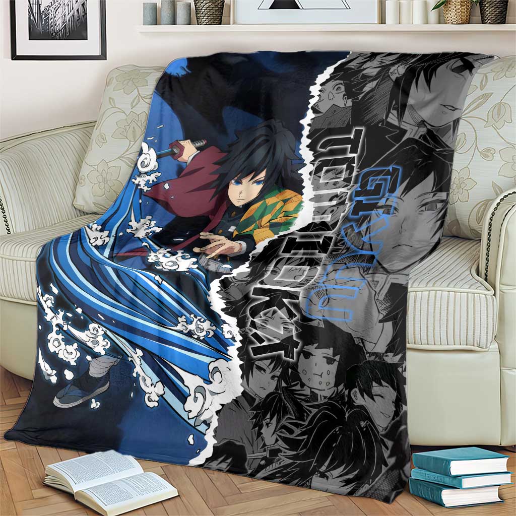 Giyu Tomioka Demon Slayer Blanket with Water Hashira Sword Pose and Flowing Water Design - The Mazicc