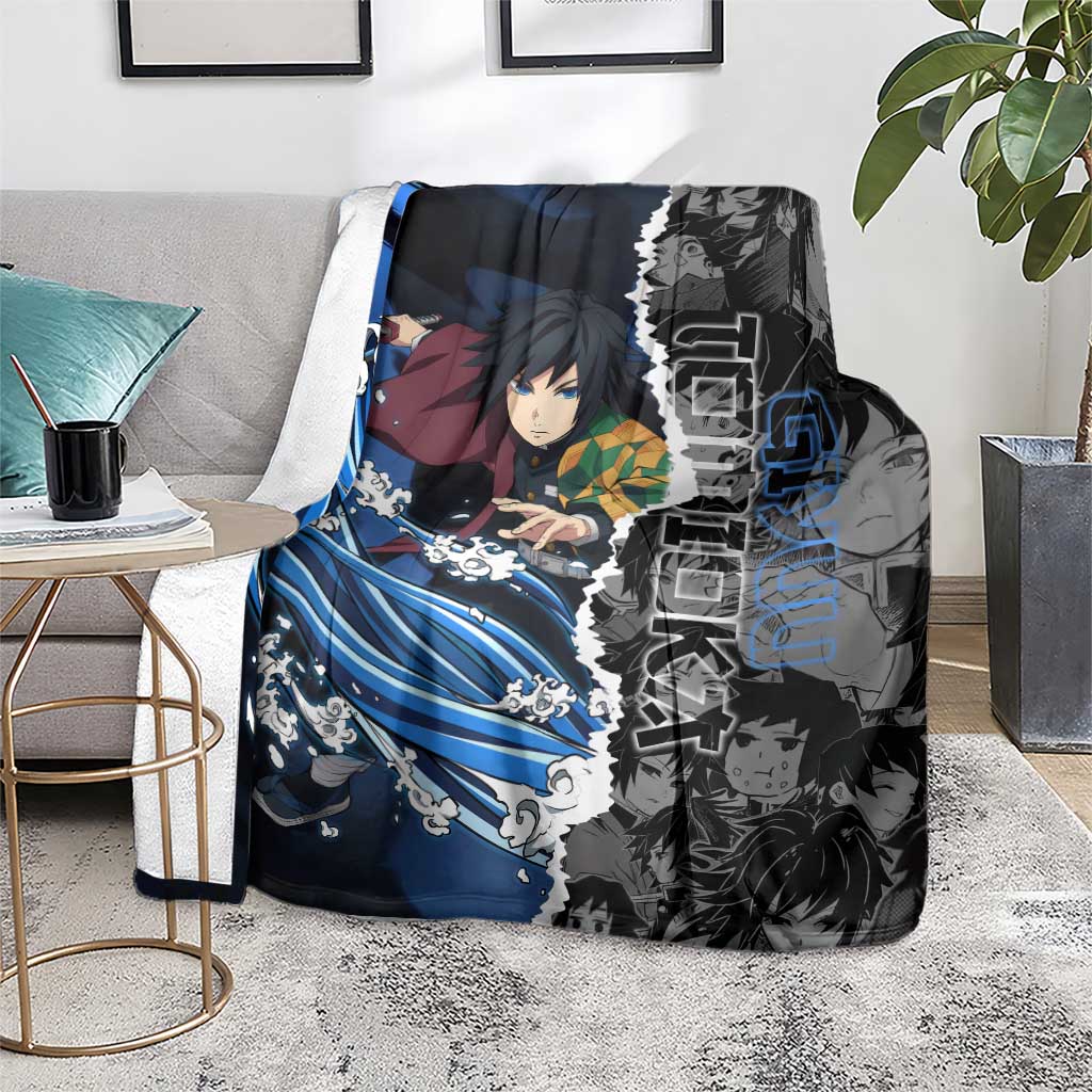 Giyu Tomioka Demon Slayer Blanket with Water Hashira Sword Pose and Flowing Water Design - The Mazicc