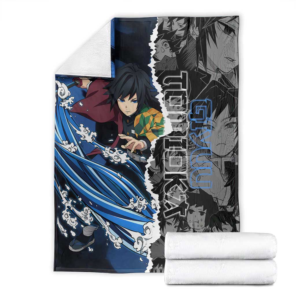 Giyu Tomioka Demon Slayer Blanket with Water Hashira Sword Pose and Flowing Water Design - The Mazicc