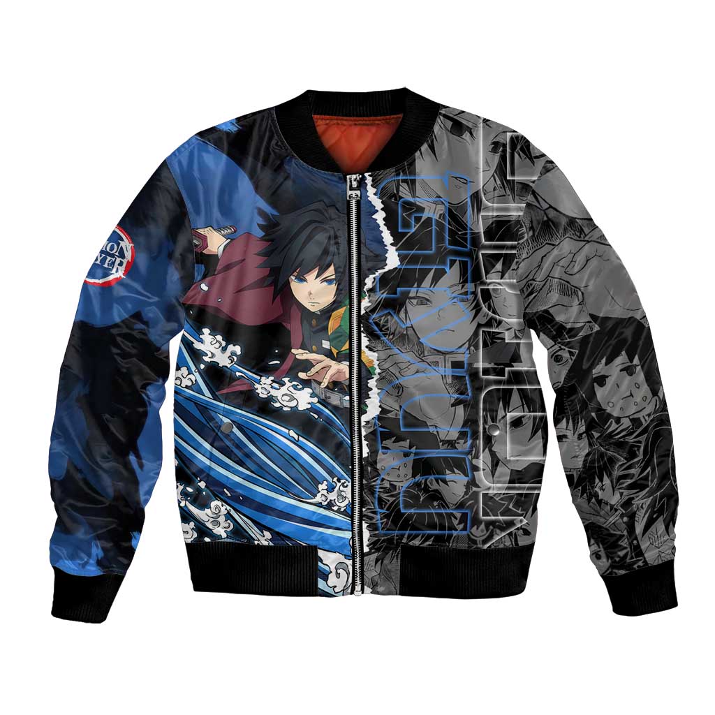 Giyu Tomioka Demon Slayer Bomber Jacket with Water Hashira Sword Pose and Flowing Water Design - The Mazicc