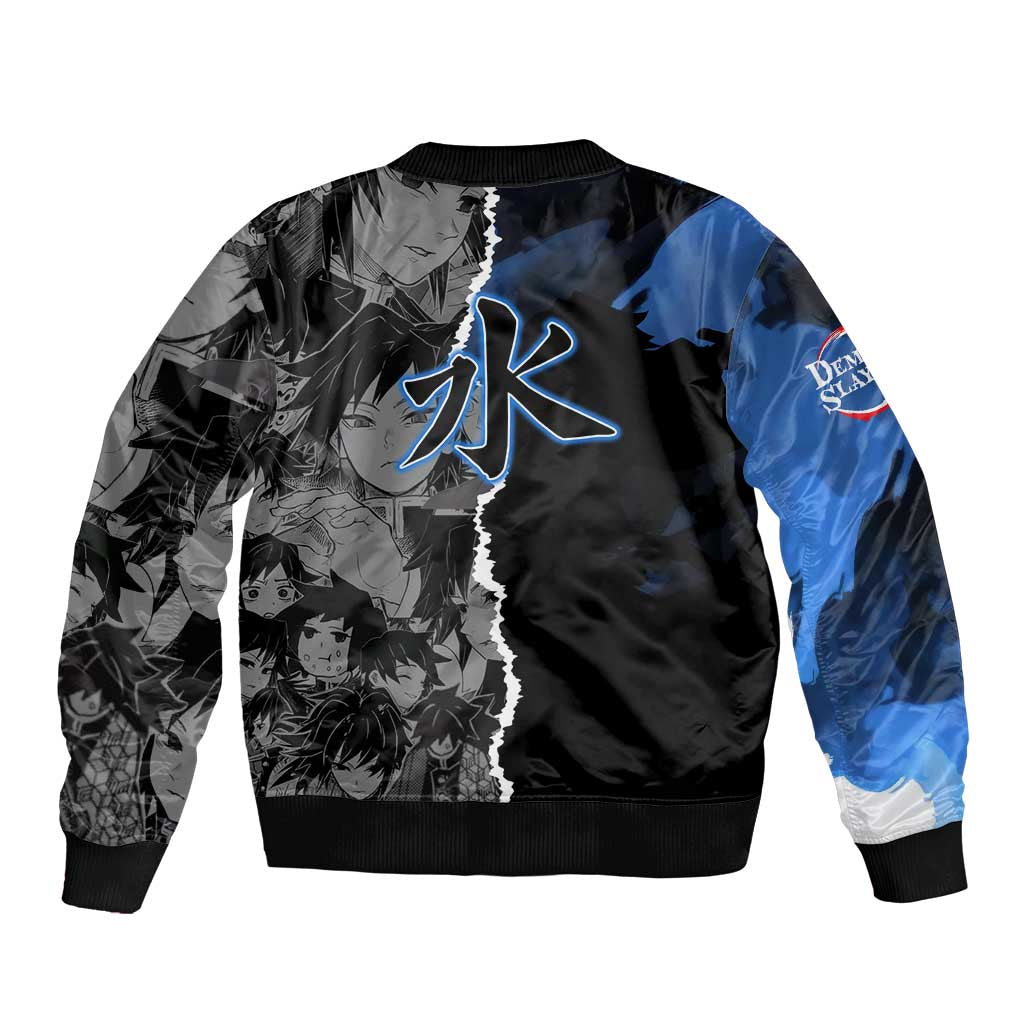 Giyu Tomioka Demon Slayer Bomber Jacket with Water Hashira Sword Pose and Flowing Water Design - The Mazicc