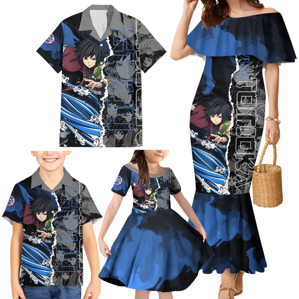 Giyu Tomioka Demon Slayer Family Matching Mermaid Dress and Hawaiian Shirt with Water Hashira Sword Pose and Flowing Water Design - The Mazicc
