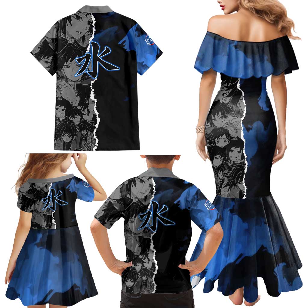 Giyu Tomioka Demon Slayer Family Matching Mermaid Dress and Hawaiian Shirt with Water Hashira Sword Pose and Flowing Water Design - The Mazicc