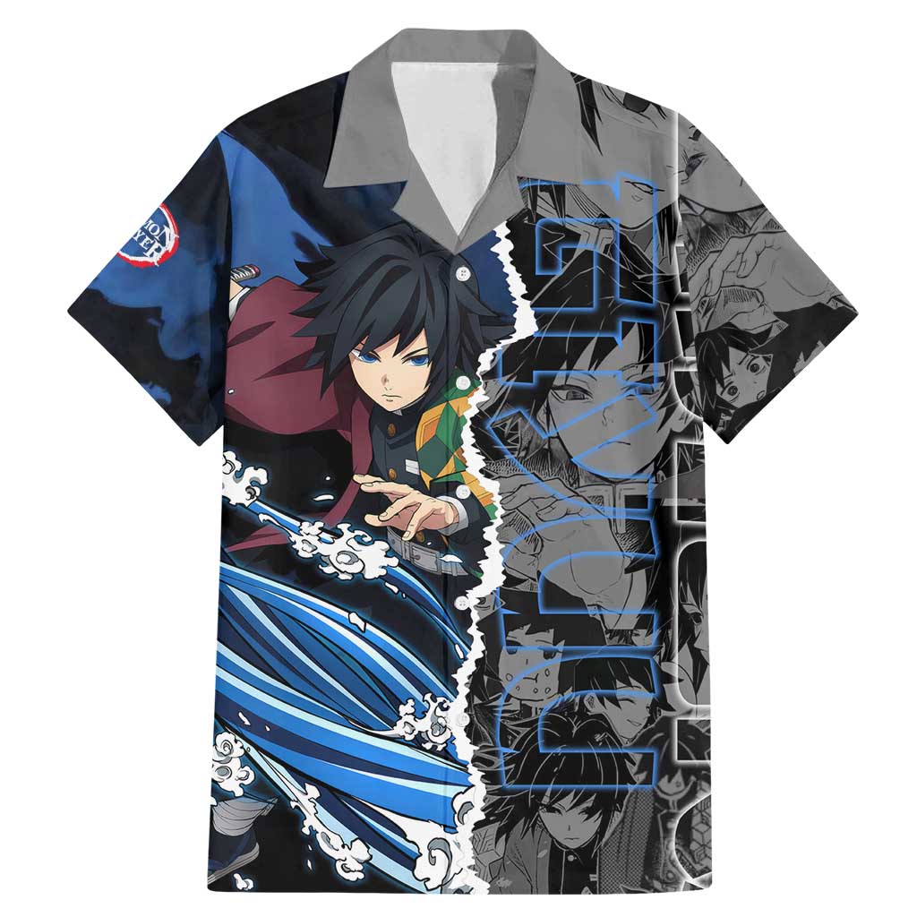 Giyu Tomioka Demon Slayer Family Matching Mermaid Dress and Hawaiian Shirt with Water Hashira Sword Pose and Flowing Water Design - The Mazicc