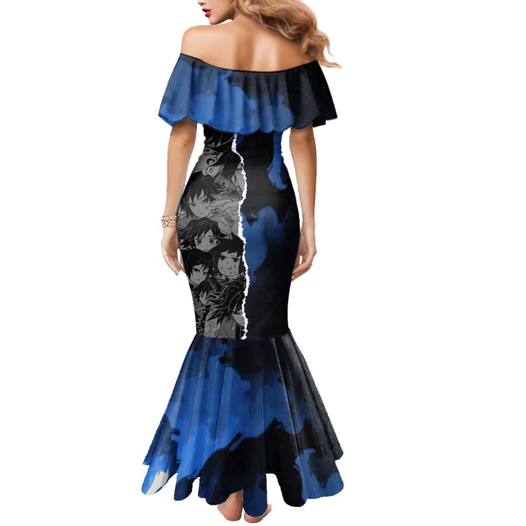 Giyu Tomioka Demon Slayer Family Matching Mermaid Dress and Hawaiian Shirt with Water Hashira Sword Pose and Flowing Water Design - The Mazicc