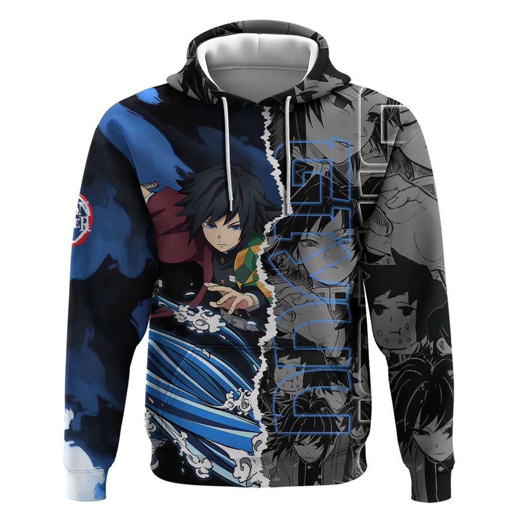 Giyu Tomioka Demon Slayer Hoodie with Water Hashira Sword Pose and Flowing Water Design - The Mazicc