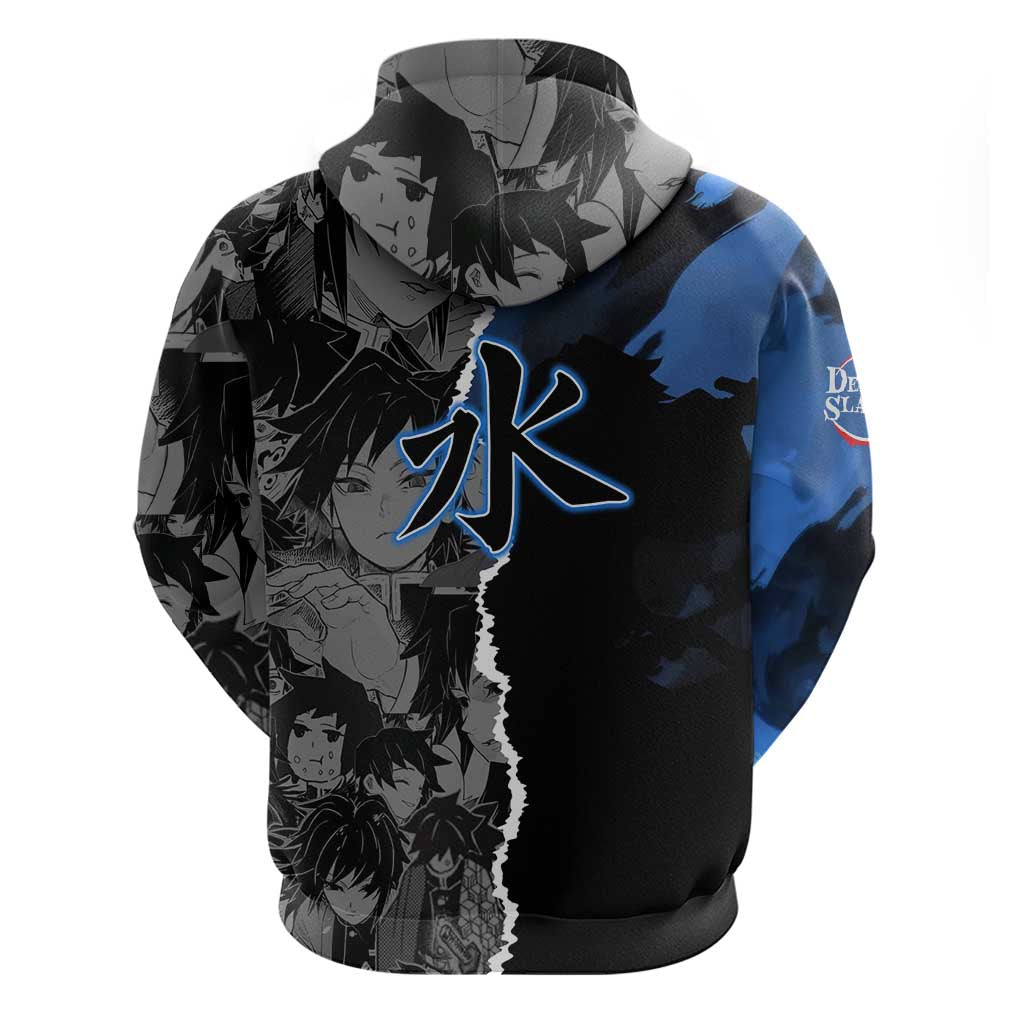 Giyu Tomioka Demon Slayer Hoodie with Water Hashira Sword Pose and Flowing Water Design - The Mazicc