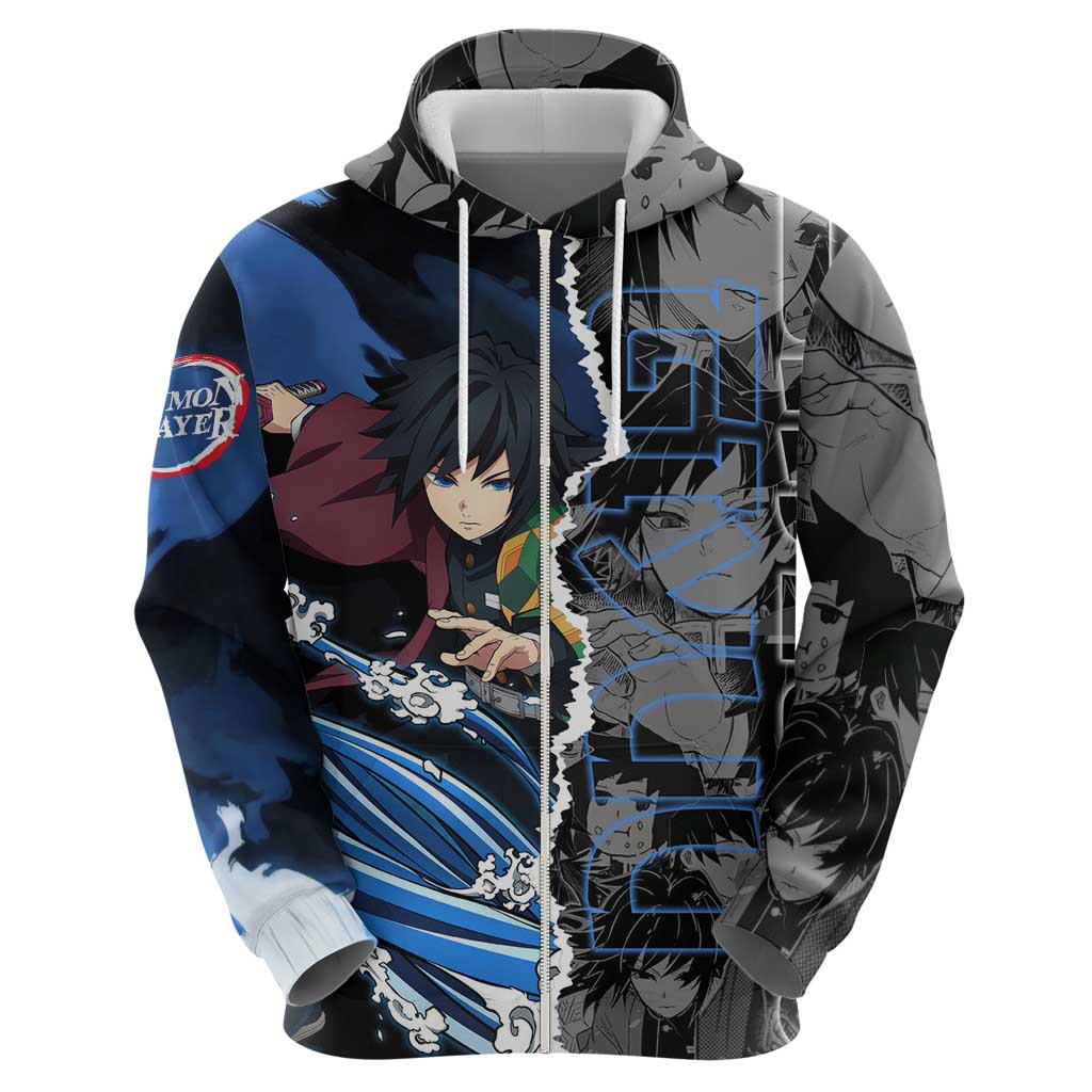 Giyu Tomioka Demon Slayer Hoodie with Water Hashira Sword Pose and Flowing Water Design - The Mazicc