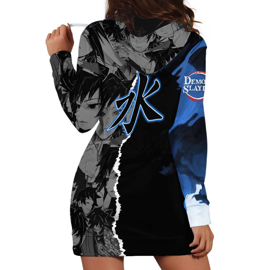 Giyu Tomioka Demon Slayer Hoodie Dress with Water Hashira Sword Pose and Flowing Water Design - The Mazicc