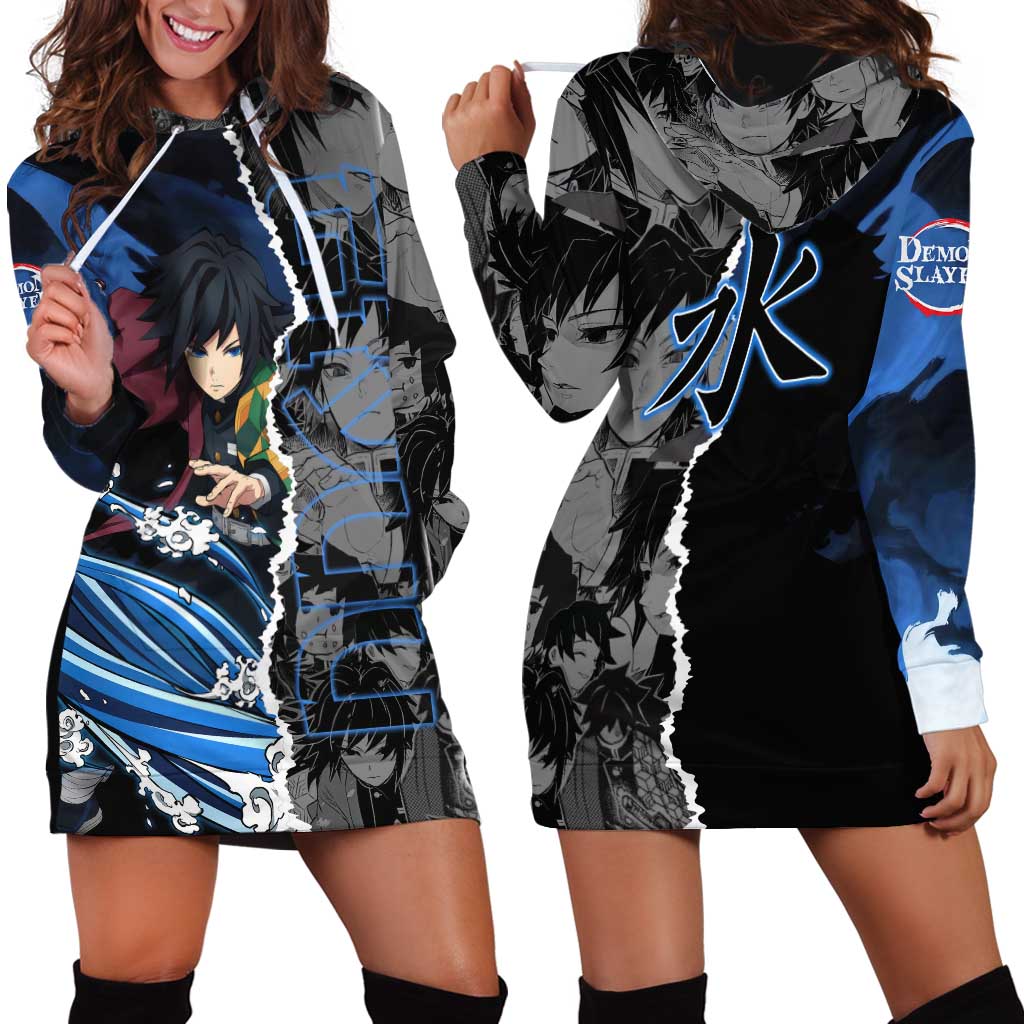 Giyu Tomioka Demon Slayer Hoodie Dress with Water Hashira Sword Pose and Flowing Water Design - The Mazicc