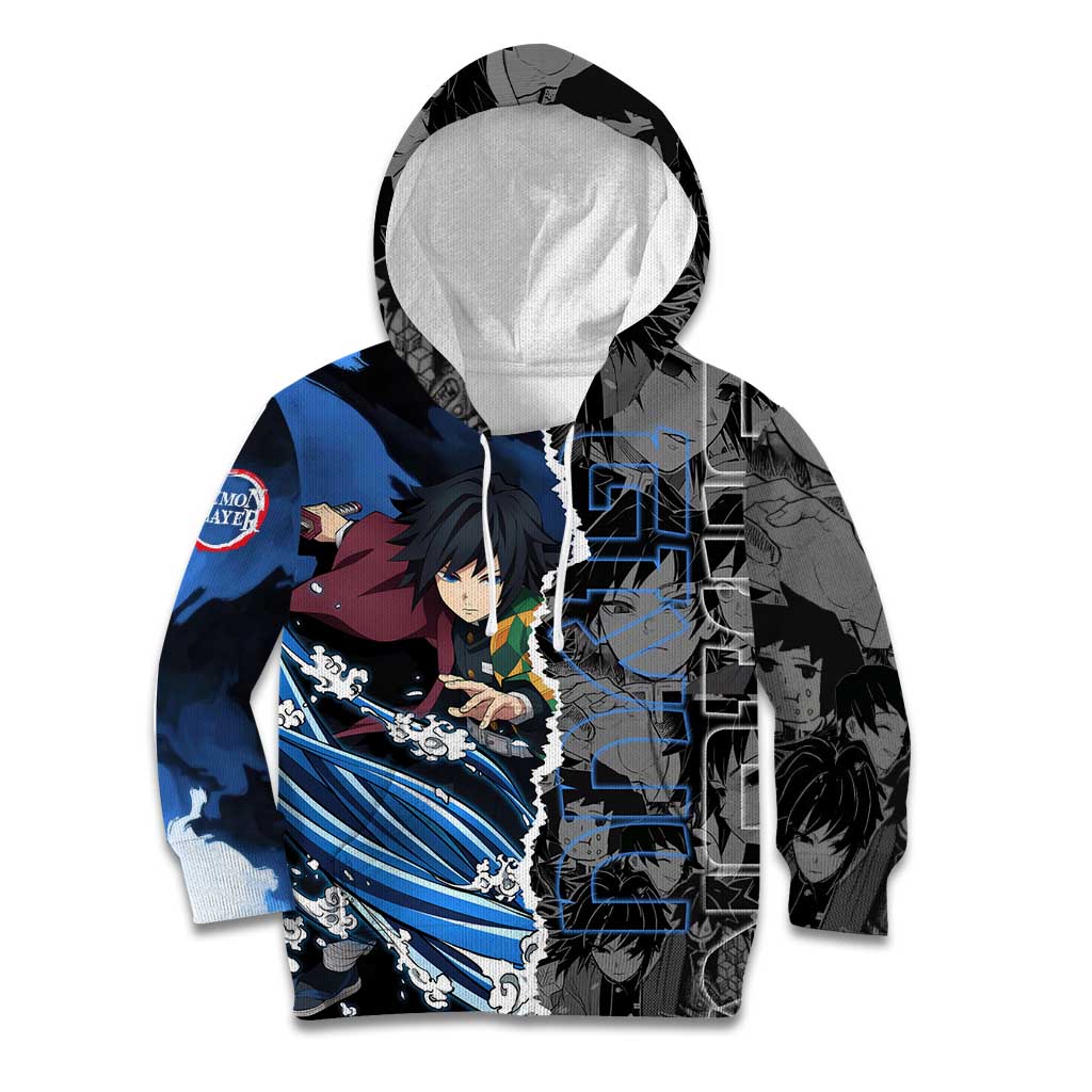 Giyu Tomioka Demon Slayer Kid Hoodie with Water Hashira Sword Pose and Flowing Water Design - The Mazicc