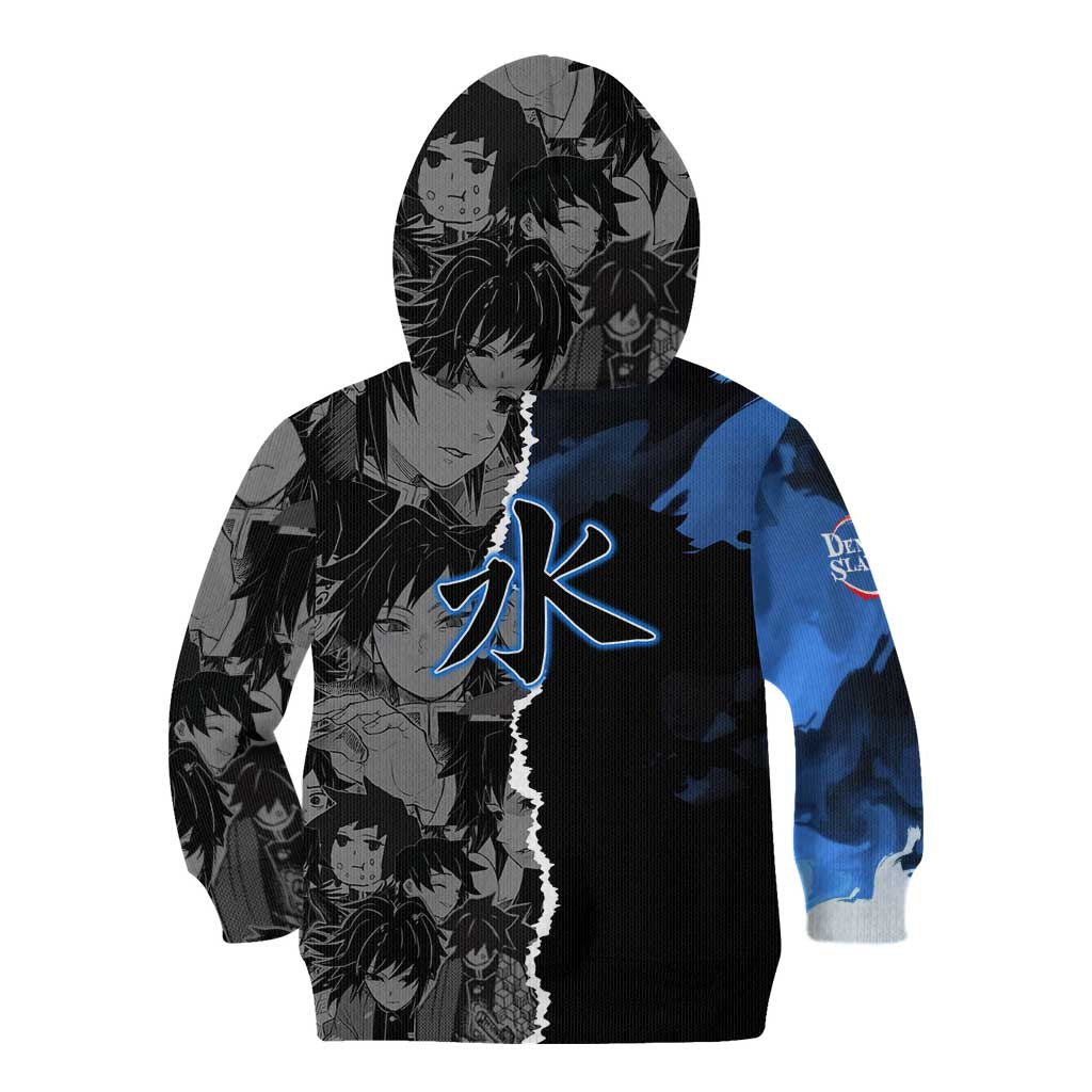 Giyu Tomioka Demon Slayer Kid Hoodie with Water Hashira Sword Pose and Flowing Water Design - The Mazicc