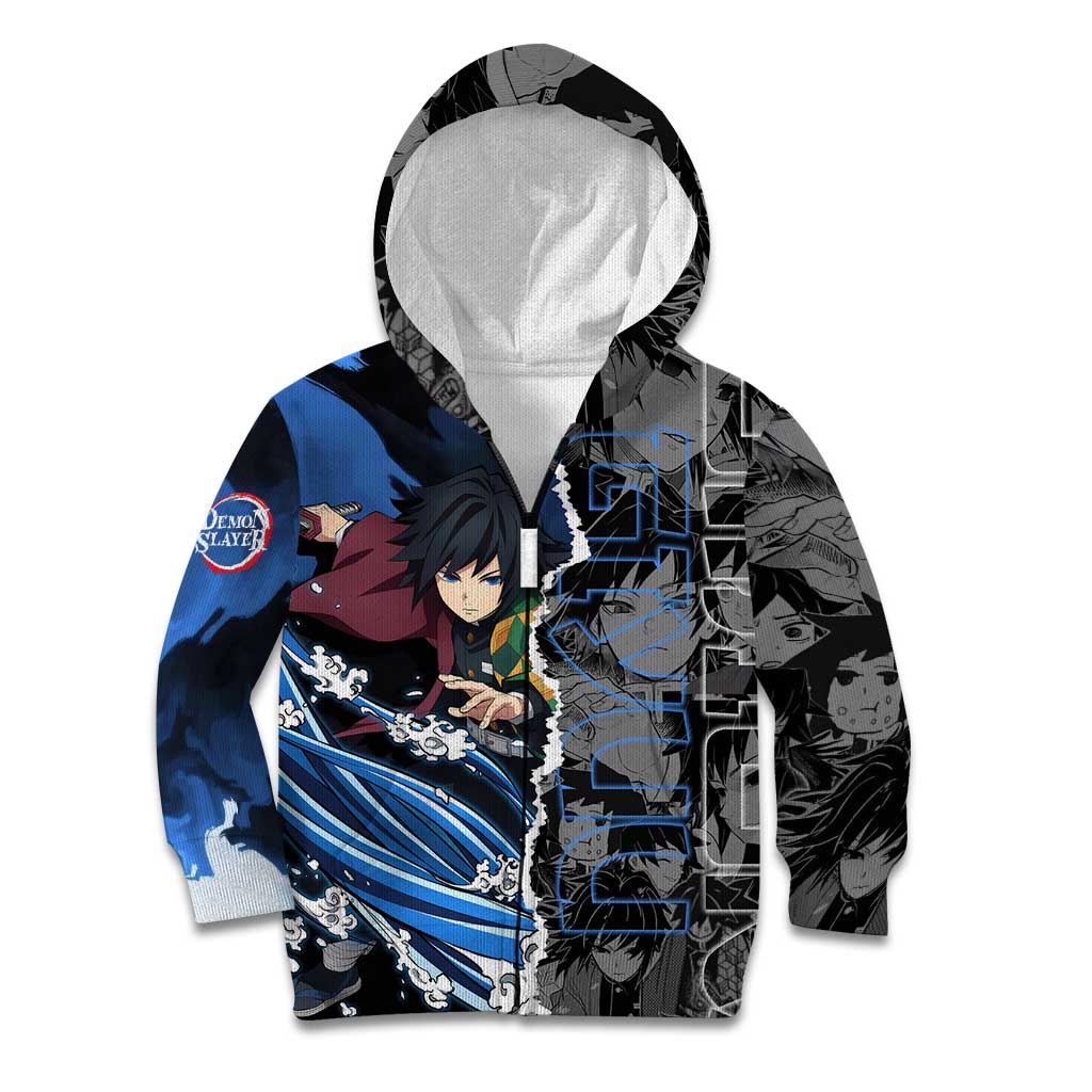 Giyu Tomioka Demon Slayer Kid Hoodie with Water Hashira Sword Pose and Flowing Water Design - The Mazicc