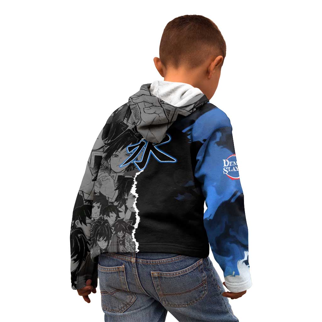 Giyu Tomioka Demon Slayer Kid Hoodie with Water Hashira Sword Pose and Flowing Water Design - The Mazicc