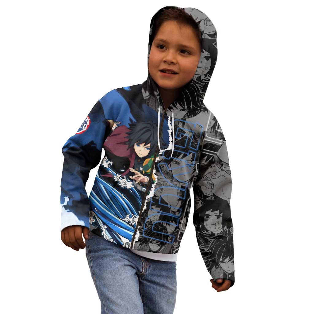 Giyu Tomioka Demon Slayer Kid Hoodie with Water Hashira Sword Pose and Flowing Water Design - The Mazicc