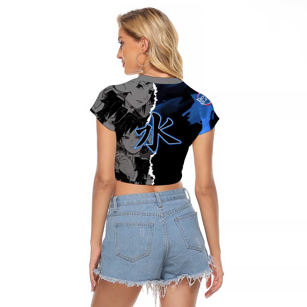Giyu Tomioka Demon Slayer Raglan Cropped T Shirt with Water Hashira Sword Pose and Flowing Water Design - The Mazicc