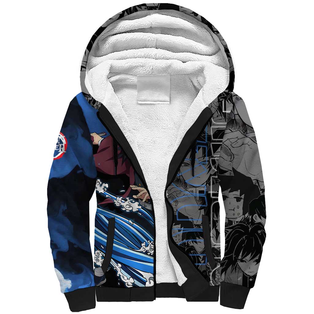 Giyu Tomioka Demon Slayer Sherpa Hoodie with Water Hashira Sword Pose and Flowing Water Design - The Mazicc