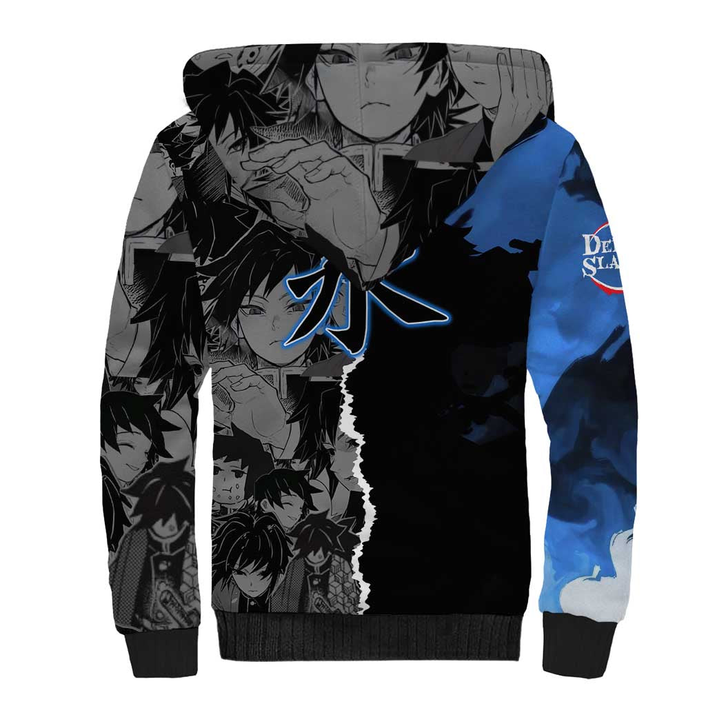 Giyu Tomioka Demon Slayer Sherpa Hoodie with Water Hashira Sword Pose and Flowing Water Design - The Mazicc