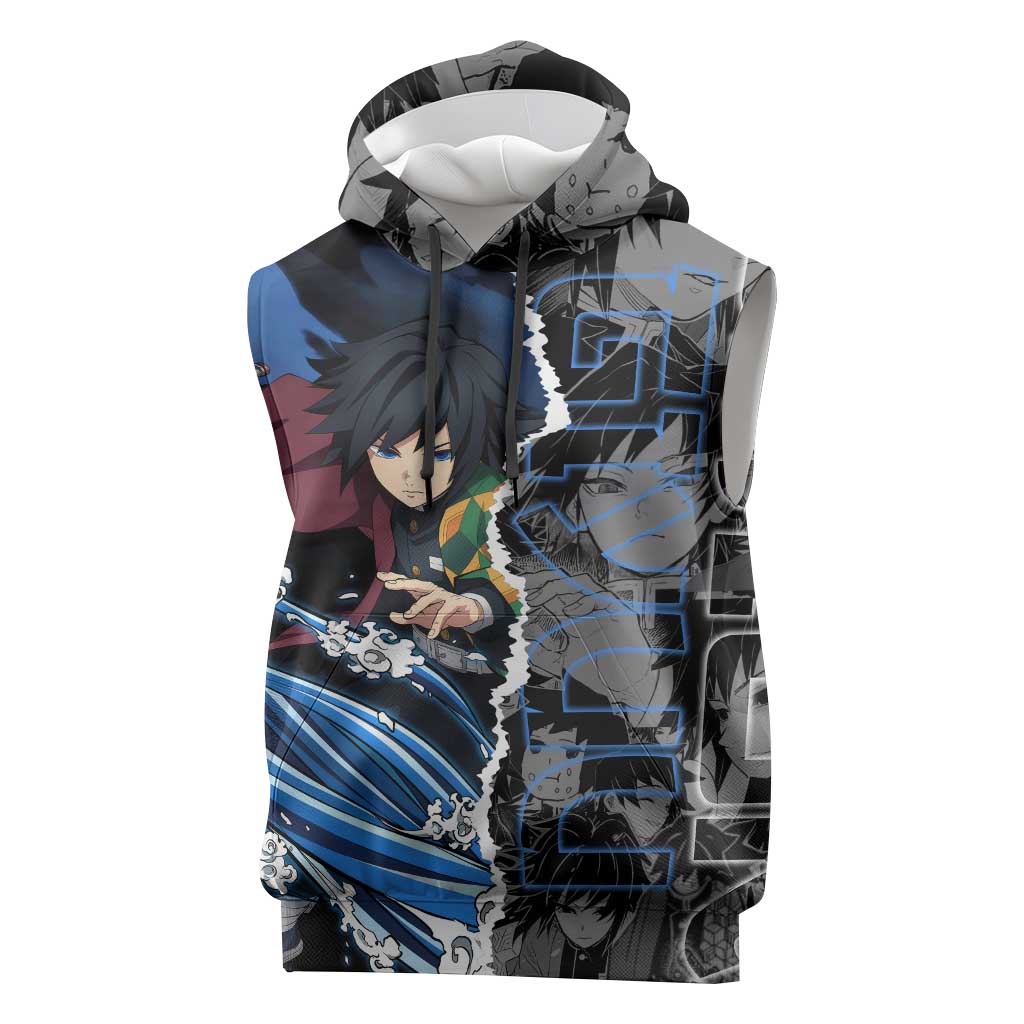 Giyu Tomioka Demon Slayer Sleeveless Hoodie with Water Hashira Sword Pose and Flowing Water Design - The Mazicc