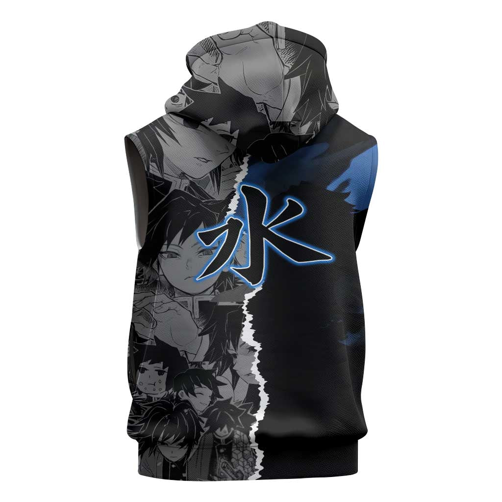 Giyu Tomioka Demon Slayer Sleeveless Hoodie with Water Hashira Sword Pose and Flowing Water Design - The Mazicc