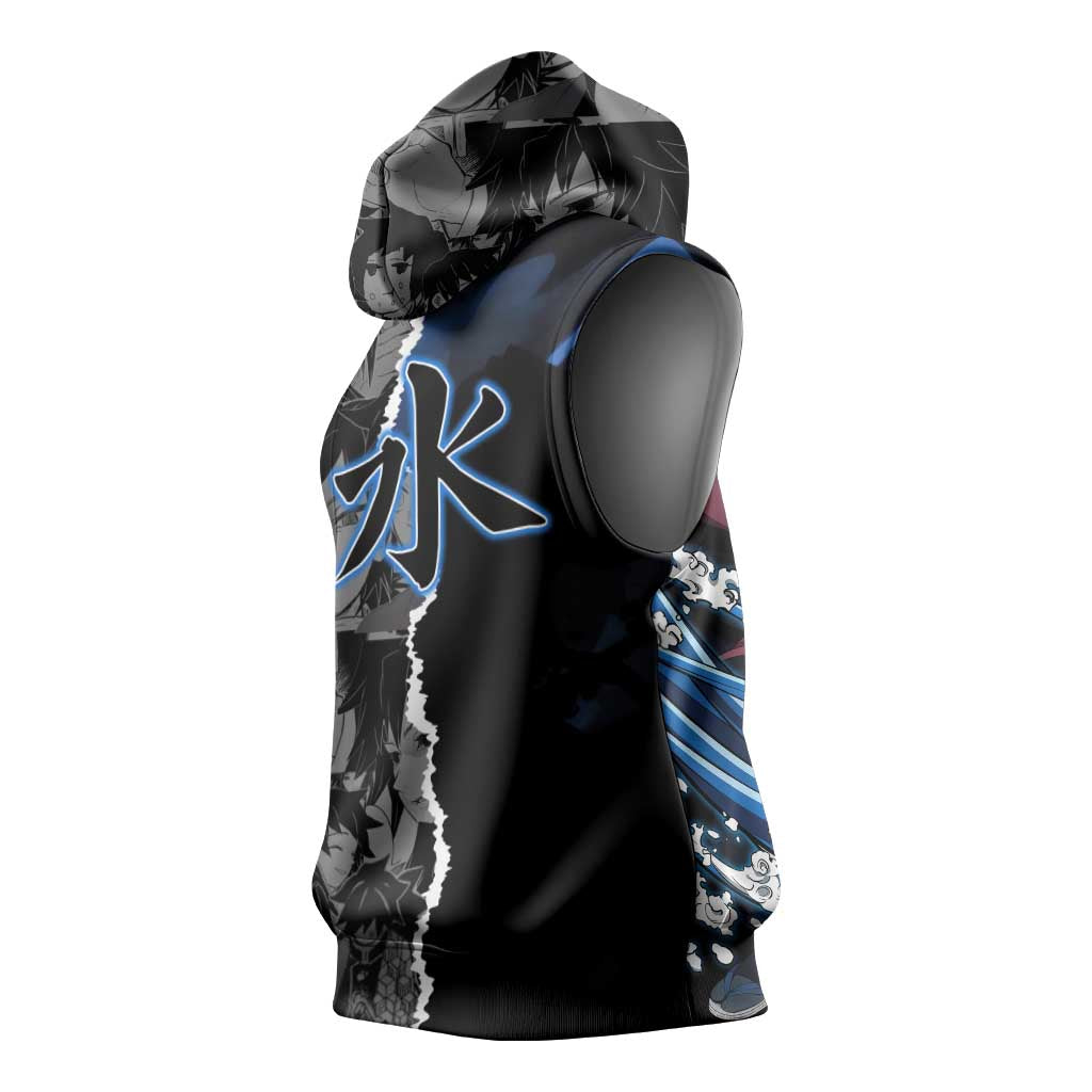 Giyu Tomioka Demon Slayer Sleeveless Hoodie with Water Hashira Sword Pose and Flowing Water Design - The Mazicc