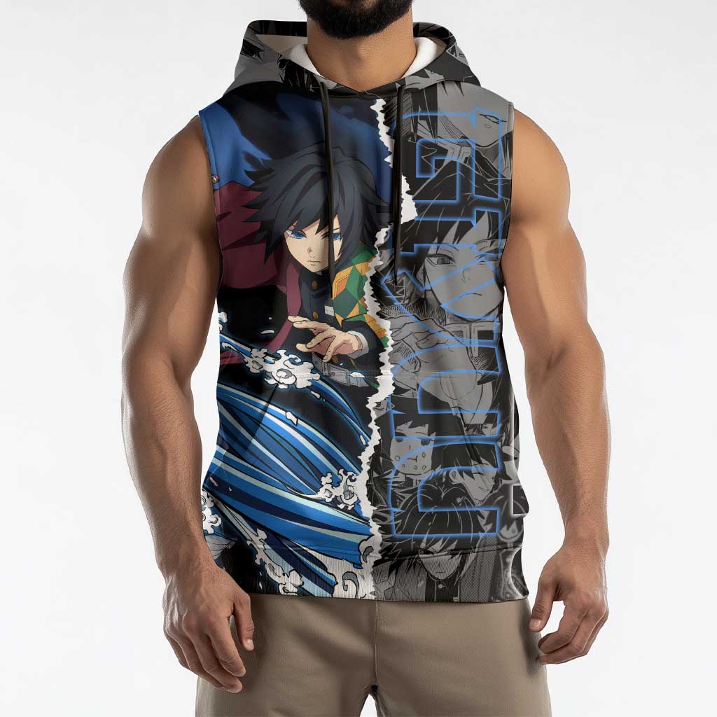 Giyu Tomioka Demon Slayer Sleeveless Hoodie with Water Hashira Sword Pose and Flowing Water Design - The Mazicc