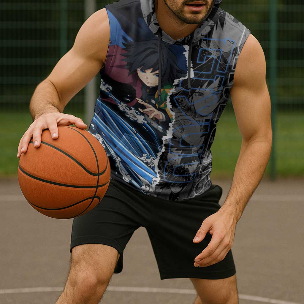 Giyu Tomioka Demon Slayer Sleeveless Hoodie with Water Hashira Sword Pose and Flowing Water Design - The Mazicc