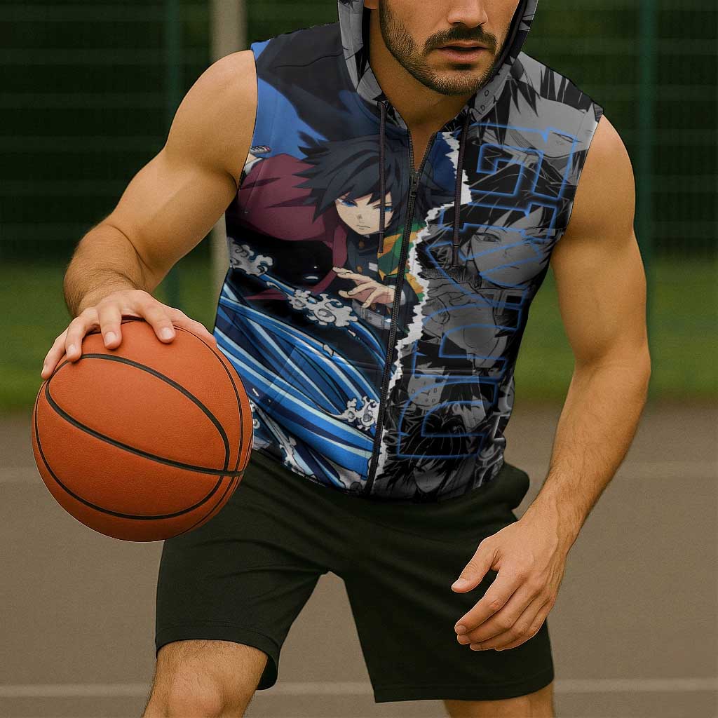Giyu Tomioka Demon Slayer Sleeveless Zip Hoodie with Water Hashira Sword Pose and Flowing Water Design - The Mazicc
