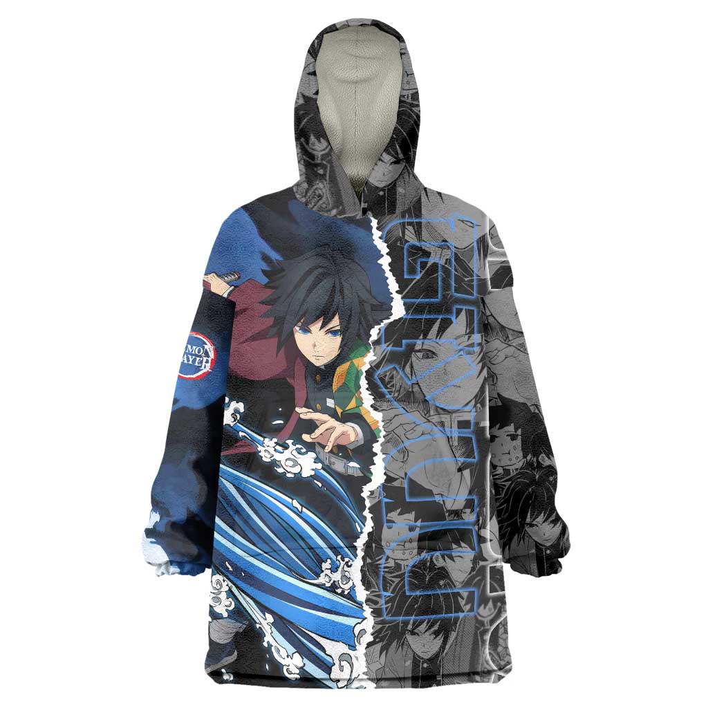 Giyu Tomioka Demon Slayer Wearable Blanket Hoodie with Water Hashira Sword Pose and Flowing Water Design - The Mazicc