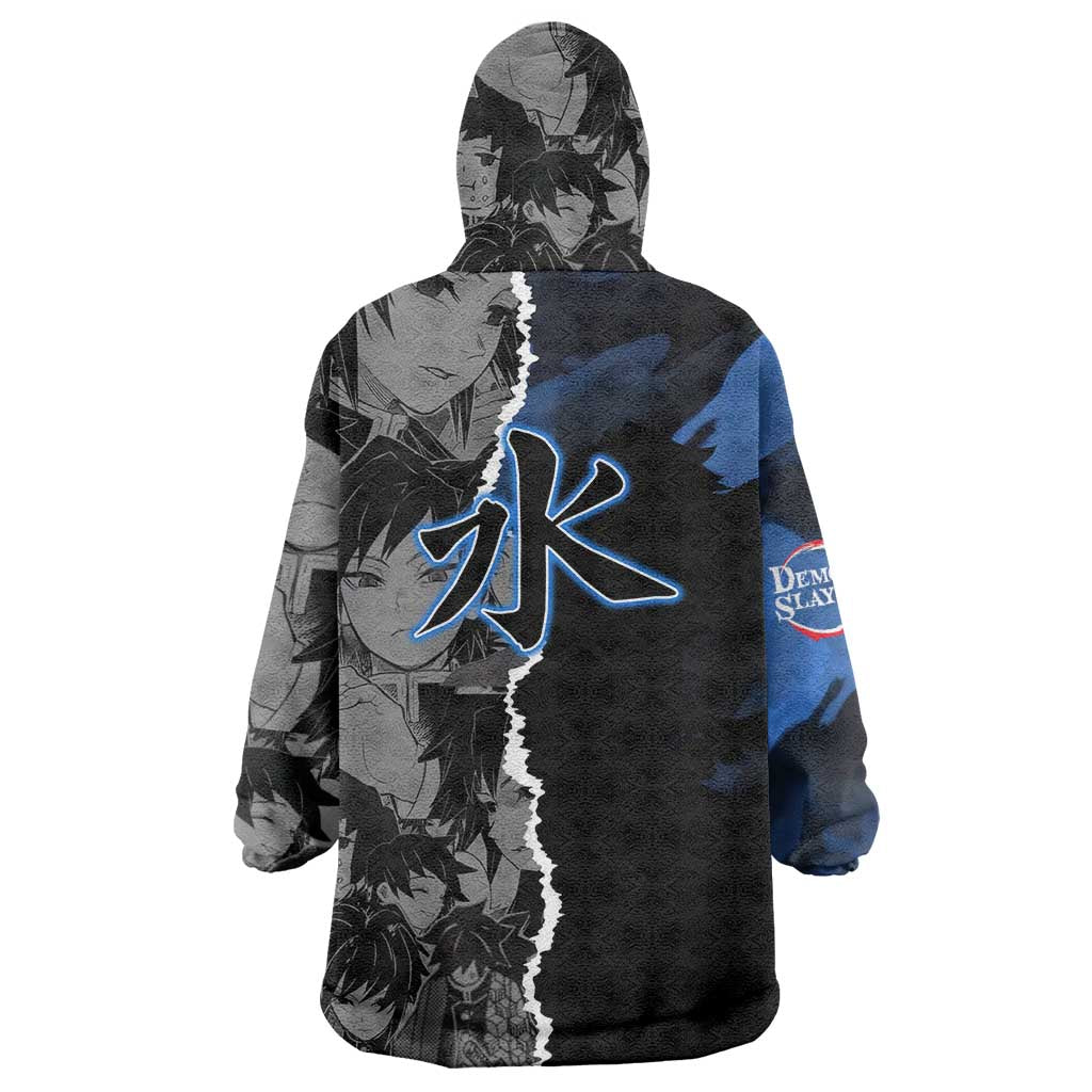 Giyu Tomioka Demon Slayer Wearable Blanket Hoodie with Water Hashira Sword Pose and Flowing Water Design - The Mazicc