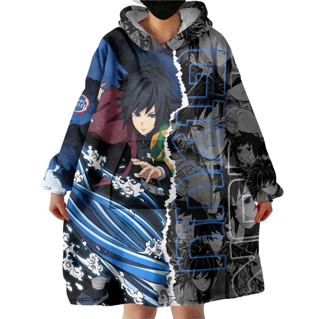 Giyu Tomioka Demon Slayer Wearable Blanket Hoodie with Water Hashira Sword Pose and Flowing Water Design - The Mazicc