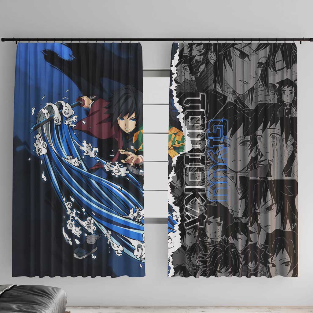 Giyu Tomioka Demon Slayer Window Curtain with Water Hashira Sword Pose and Flowing Water Design - The Mazicc