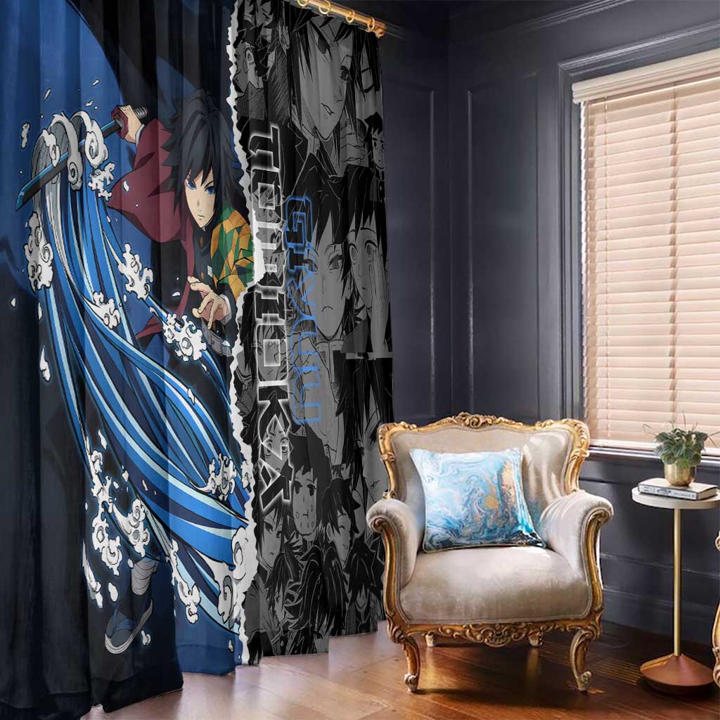 Giyu Tomioka Demon Slayer Window Curtain with Water Hashira Sword Pose and Flowing Water Design - The Mazicc
