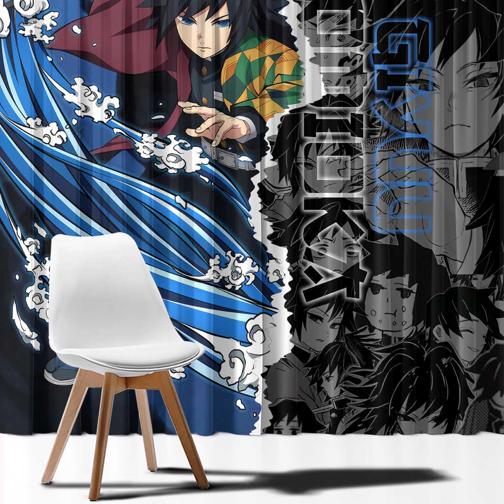 Giyu Tomioka Demon Slayer Window Curtain with Water Hashira Sword Pose and Flowing Water Design - The Mazicc