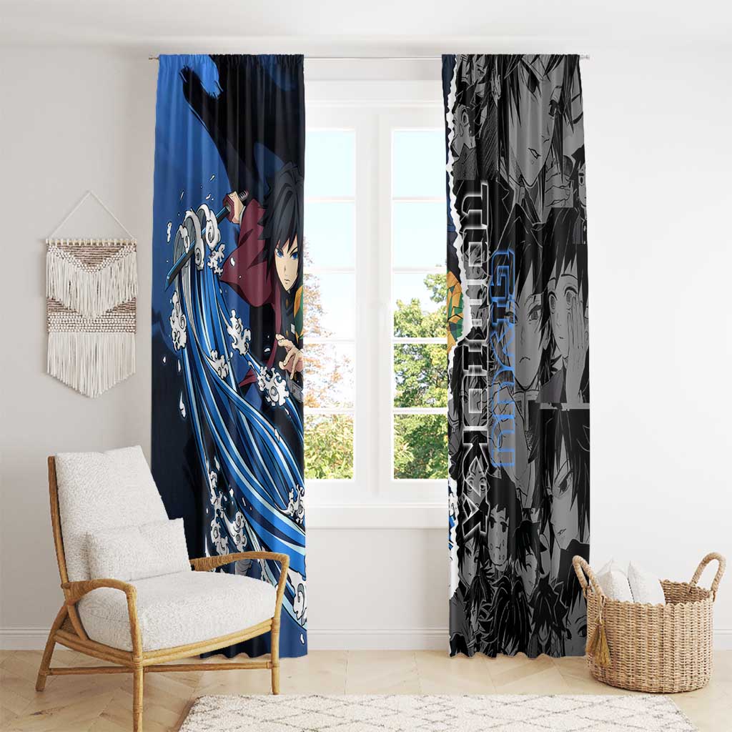 Giyu Tomioka Demon Slayer Window Curtain with Water Hashira Sword Pose and Flowing Water Design - The Mazicc