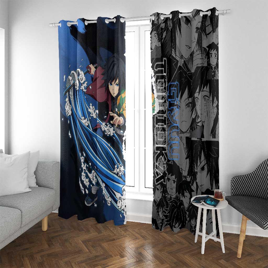 Giyu Tomioka Demon Slayer Window Curtain with Water Hashira Sword Pose and Flowing Water Design - The Mazicc