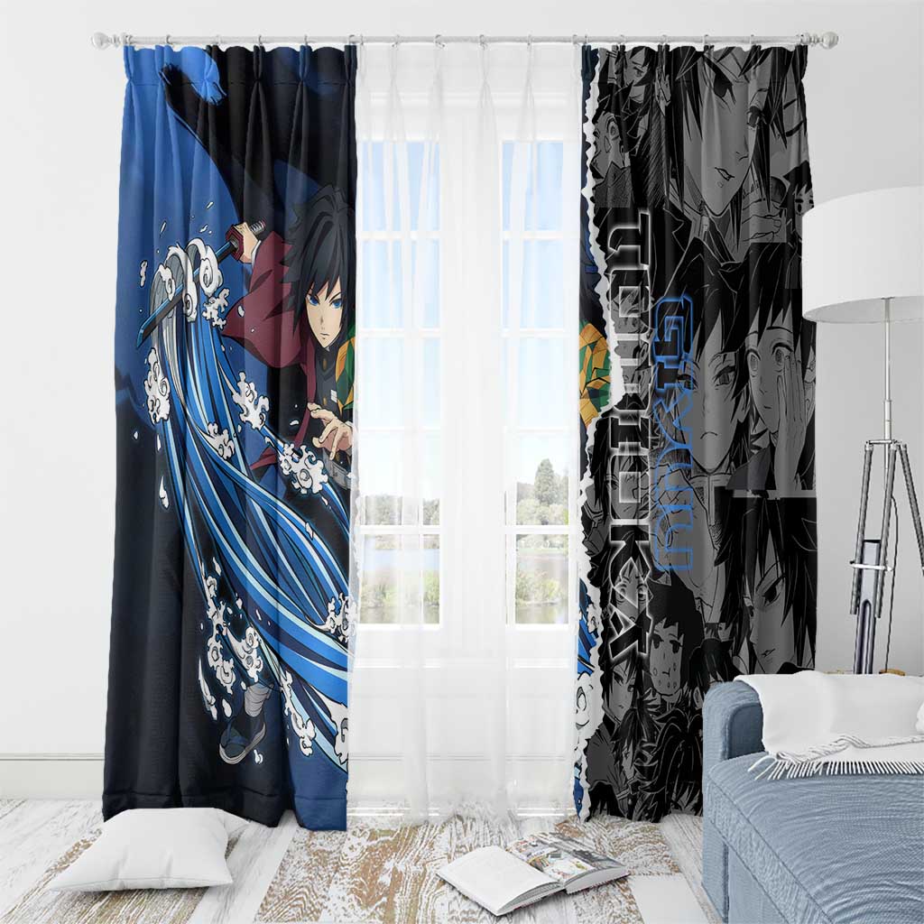 Giyu Tomioka Demon Slayer Window Curtain with Water Hashira Sword Pose and Flowing Water Design - The Mazicc