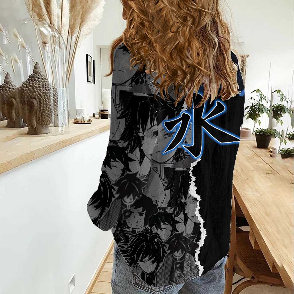 Giyu Tomioka Demon Slayer Women Casual Shirt with Water Hashira Sword Pose and Flowing Water Design - The Mazicc