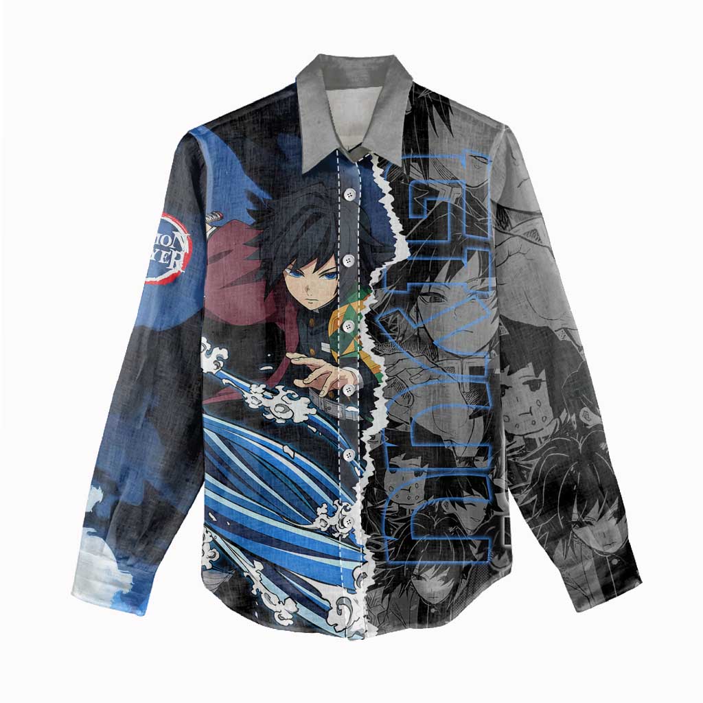 Giyu Tomioka Demon Slayer Women Casual Shirt with Water Hashira Sword Pose and Flowing Water Design - The Mazicc
