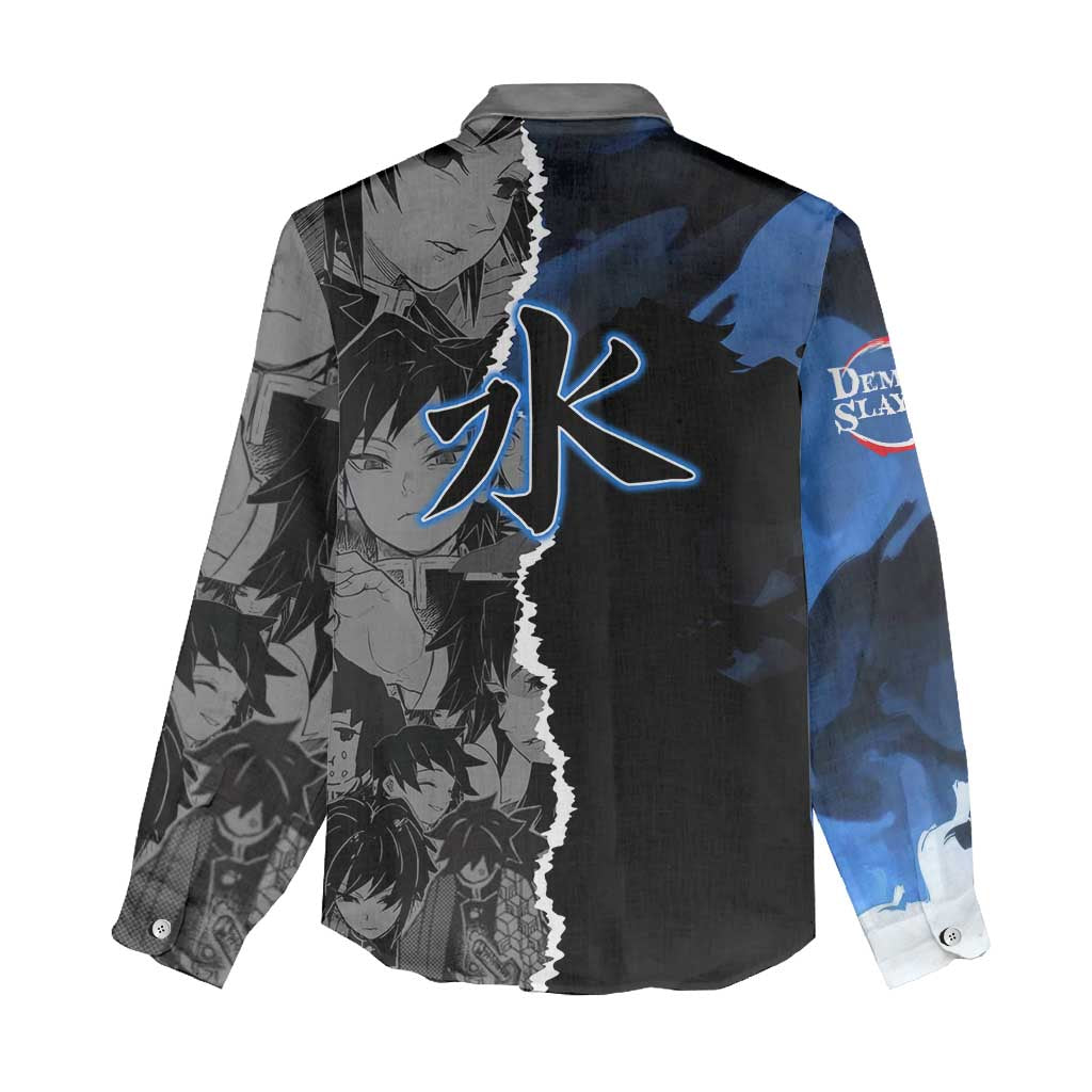 Giyu Tomioka Demon Slayer Women Casual Shirt with Water Hashira Sword Pose and Flowing Water Design - The Mazicc