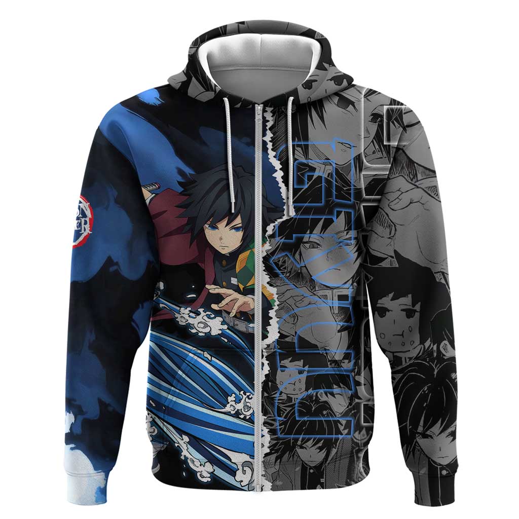 Giyu Tomioka Demon Slayer Zip Hoodie with Water Hashira Sword Pose and Flowing Water Design - The Mazicc