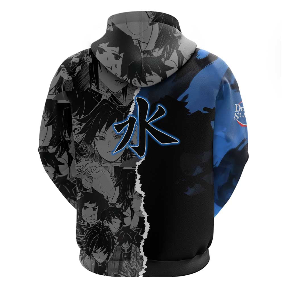 Giyu Tomioka Demon Slayer Zip Hoodie with Water Hashira Sword Pose and Flowing Water Design - The Mazicc