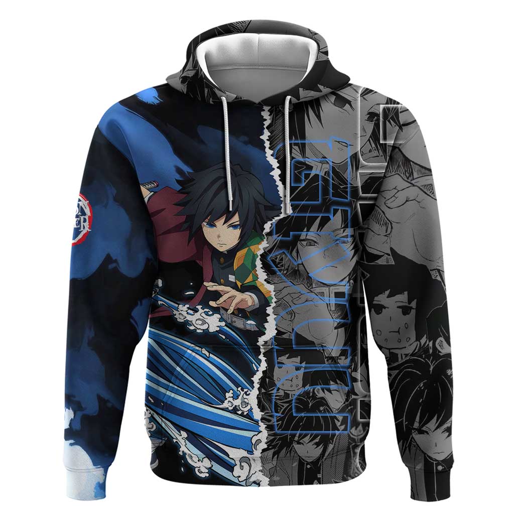 Giyu Tomioka Demon Slayer Zip Hoodie with Water Hashira Sword Pose and Flowing Water Design - The Mazicc